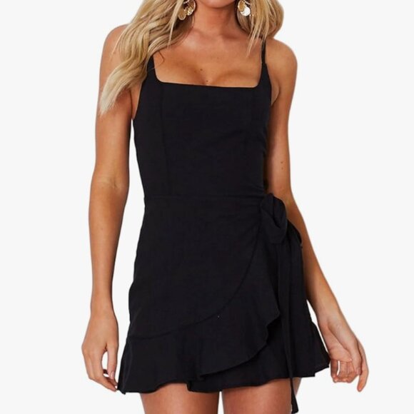 Women's Casual Ruffle Hem Solid Wrap Dress Spaghetti Strap Front Tie Knot Short - Picture 1 of 4